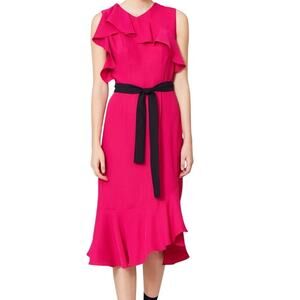 AMANDA UPRICHARD Beverly Ruffled Sleeveless Belted Midi‎ Dress in Fuchsia-Size S